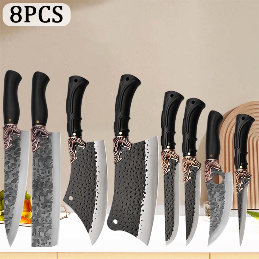 8pcs Stainless Steel Handmade Forged Chef Knife Professional Kitchen Multipurpose Knife Utility Knife Boning Knife Fish Knife Unique Knives Cutting Knife Vegetable Chopper for Kitchen Convenience Gifts for Men