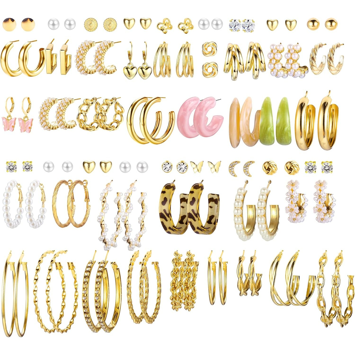 Image of 50 Pairs Golden Earrings Set For Women Multipack Statement Earring Packs Fashion Drop Dangle Earrings Chunky Big Hoop Earrings Hypoallergenic Earrings For Birthday Party Jewelry Gift