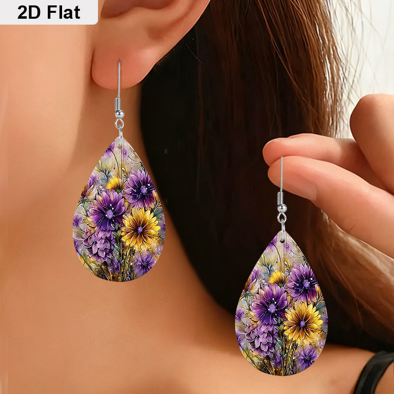 Women's Lightweight PU Leather Teardrop Earrings, Floral Design