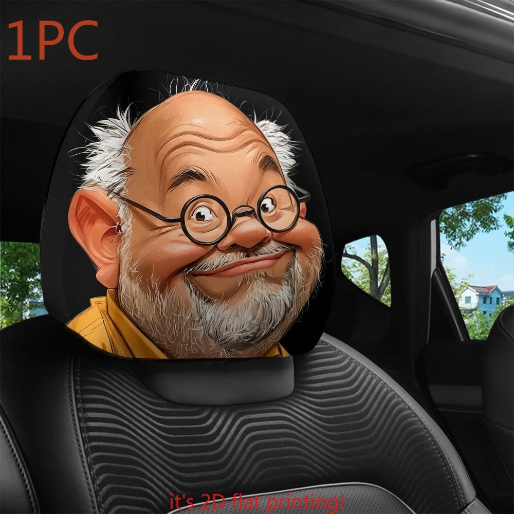 Image of 1pc 2d Flat Printing Cartoon Funny Bald Old Man With Glasses Print Car Headrest Cover Soft Polyester Elastic Universal Fit Washable Car Interior Decor Additions