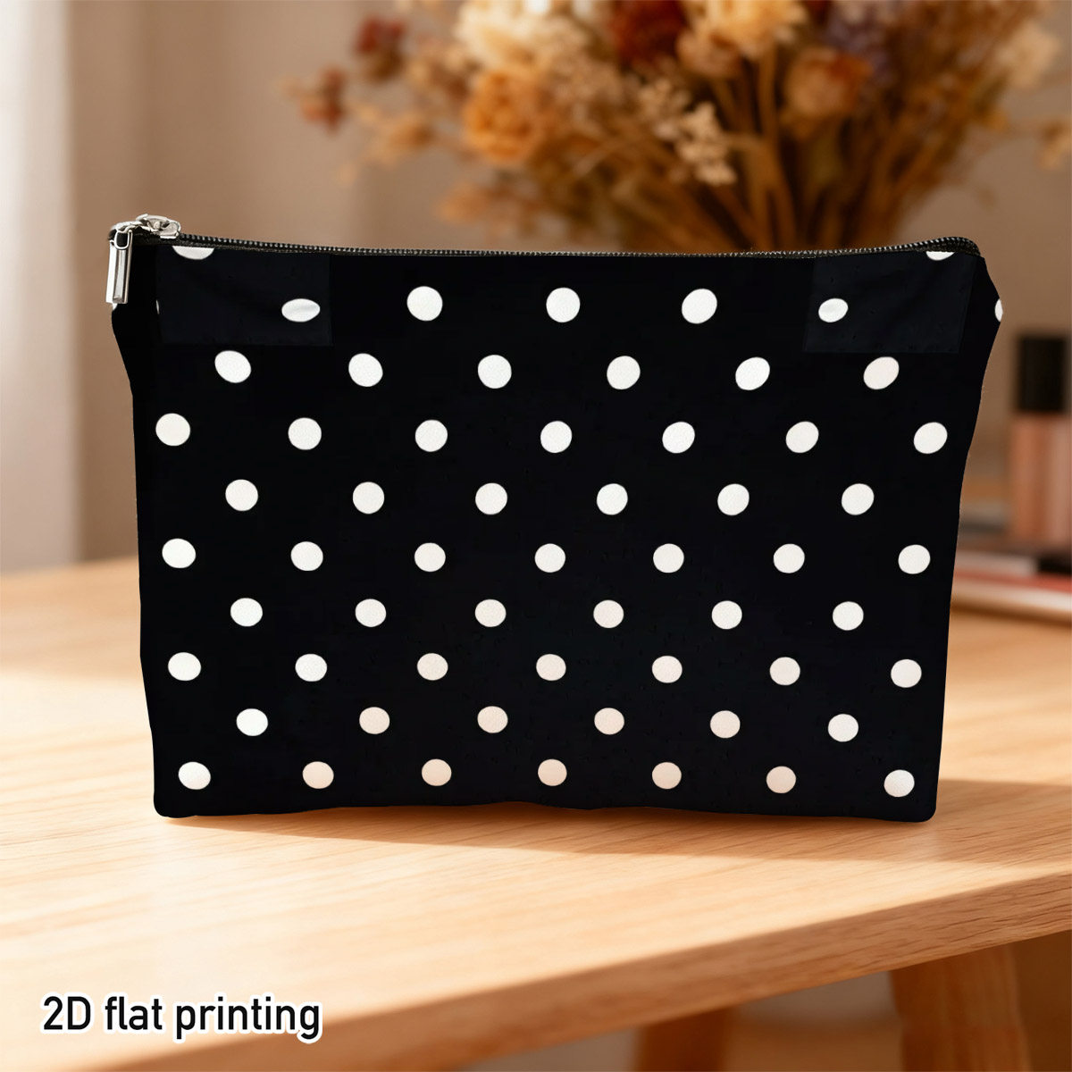 TEMU 2d Flat 1pc Polka Dot White Dots On Black Makeup Bag, Cute And Classic Dot Pattern, Ideal For Storing Daily Cosmetics, , Brunch , For Fashion