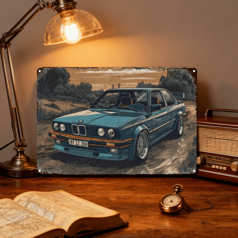 TEMU Décoration murale 2D plate, 1 pièce, voiture de sport bleue vintage - Panneau suspendu artificiel rétro adapté , , , , le | irrégulière adaptée