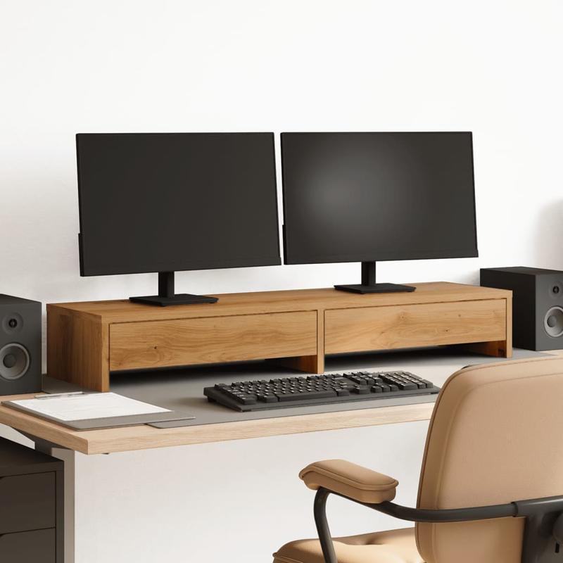 Solid Oak Monitor Stand with Drawer - Dual Monitor Desk Organizer, Cable Management, Space-Saving Design, Compatible with Dual Monitors, Home Office & Gaming Setup - Sturdy Wooden Construction (99.06x26.92x14.99cm) - Ideal for Workspace Organization, Monitor Stand for Desk, Workspace Organization, Minimalist Design, Durable Wood, Remote Workers