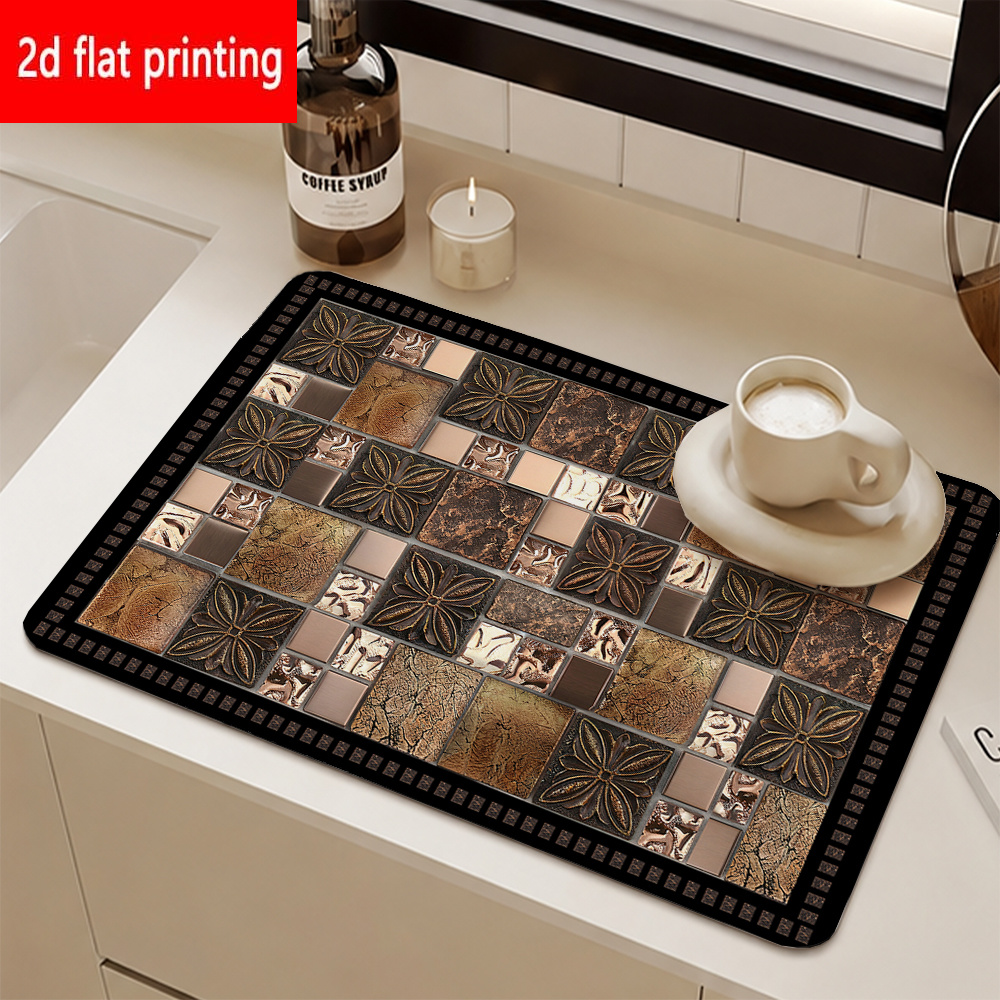 TEMU 2d Flat Printing, 1pc, Vintage Tile-patterned Absorbent Placemats. Features A Multi-square Tile-stitched Design, With Each Square Printed With A