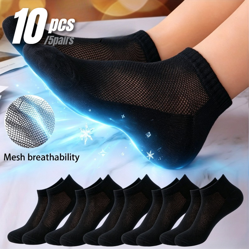 Image of 10pcs/5pairs Women's Breathable Mesh Socks - Cooling Low-cut Short Socks Suitable For Sneakers/flats, Lightweight Portable Athletic Socks For Sports, Gym, Outdoor, Spring/summer, Solid Color (grey//)