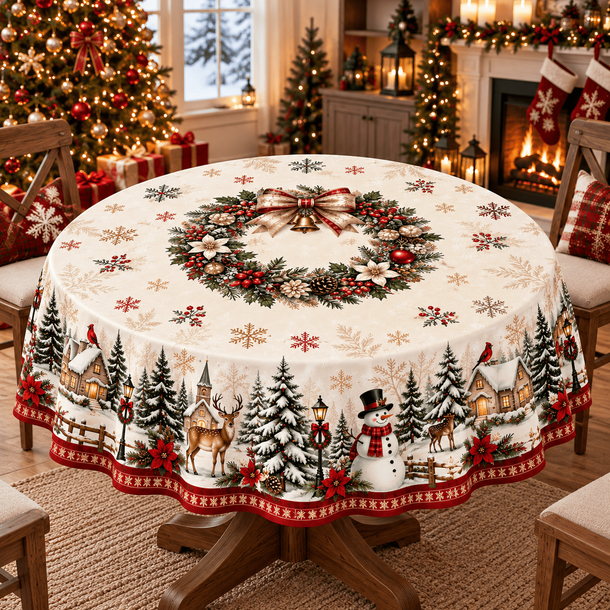 TEMU 1pc Rectangular Tablecloth, Christmas Table Cover With Wreath, Snowman, Reindeer & Print, Festive Holiday Party Dining Decor, Washable Practical