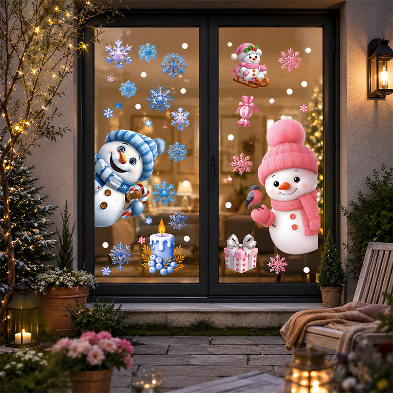 TEMU 2pcs Cute Pink And Blue Snowman Christmas Static Cling Window Stickers, Snowflake Gift Candle Christmas Glass Door Stickers, Double-sided Static