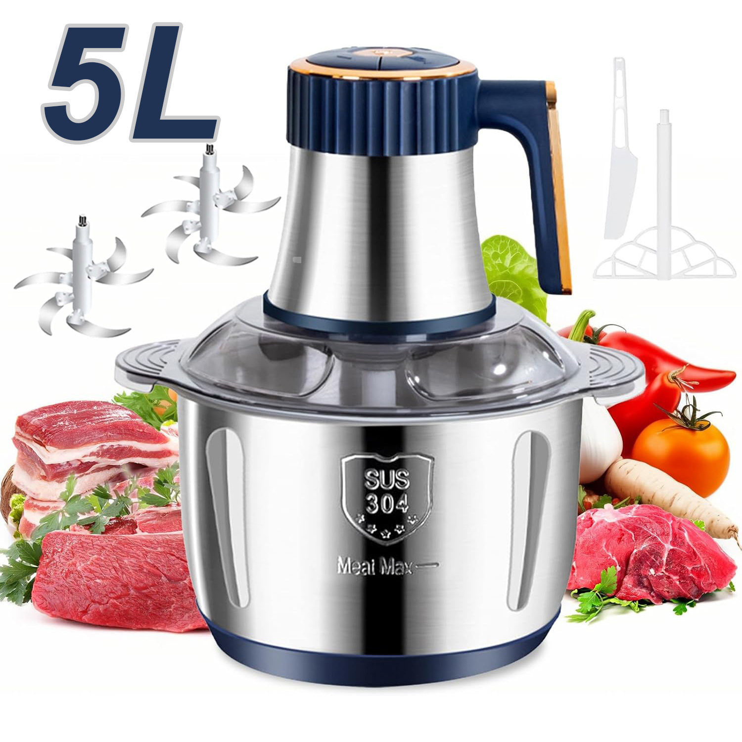Image of Meat Grinder Electric Food Processors, Vegetable Grinder, Cooking Machine, 1 , 2 X 5-blade, Stainless Steel Cup, Multifunctional, Can Mix Garlic Paste, Meat Filling, Food, Fruit Puree