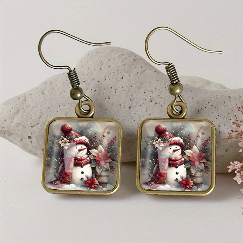 TEMU 1 Pair Vintage Snowman Square Earring Retro Glass Dangle Earrings Handmade Jewelry Gift, Without Battery