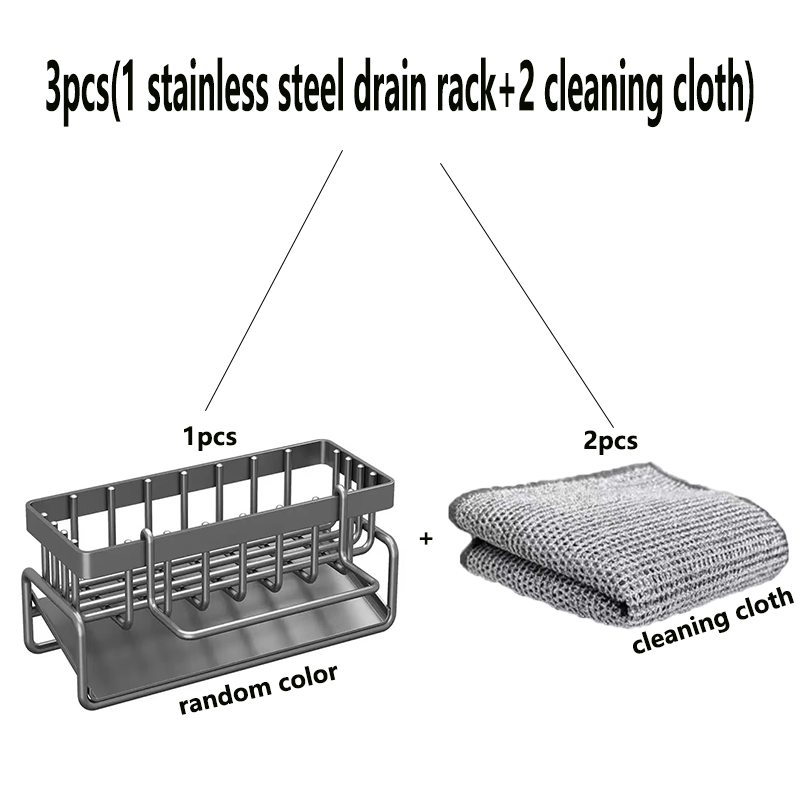 TEMU Lot de 3 pièces (1 égouttoir en acier inoxydable + 2 chiffons de nettoyage) Accessoires de cuisine, Égouttoir au-dessus de l'évier, Égouttoir