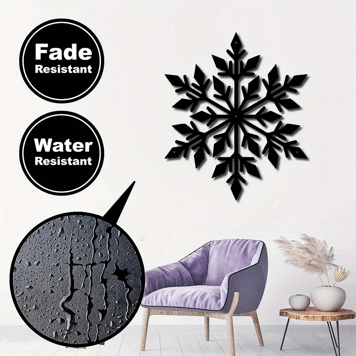 TEMU 1 pièce Décoration murale de neige en métal, Grand ornement de neige d'hiver, Décoration suspendue de neige noir de style rustique, Décoration