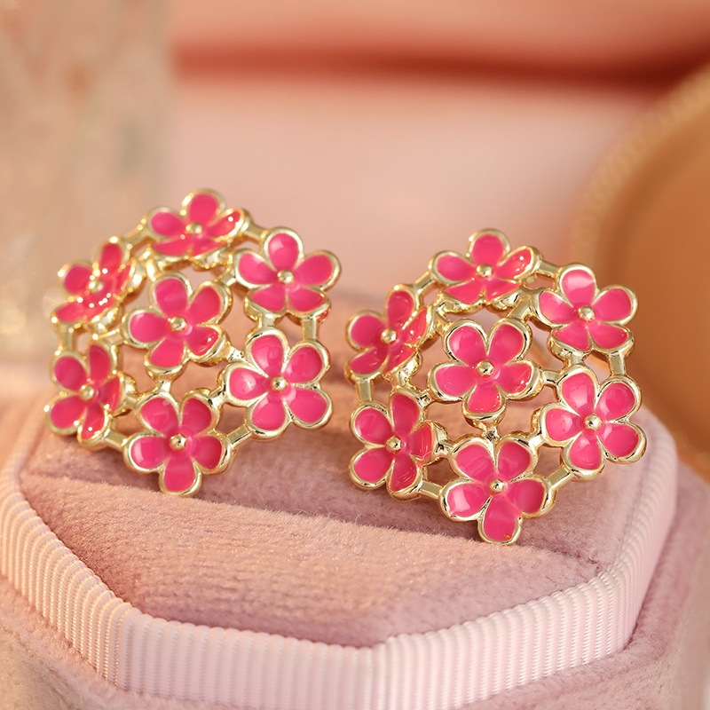 Women's Hand-Painted Enamel Floral Stud Earrings, Retro Design