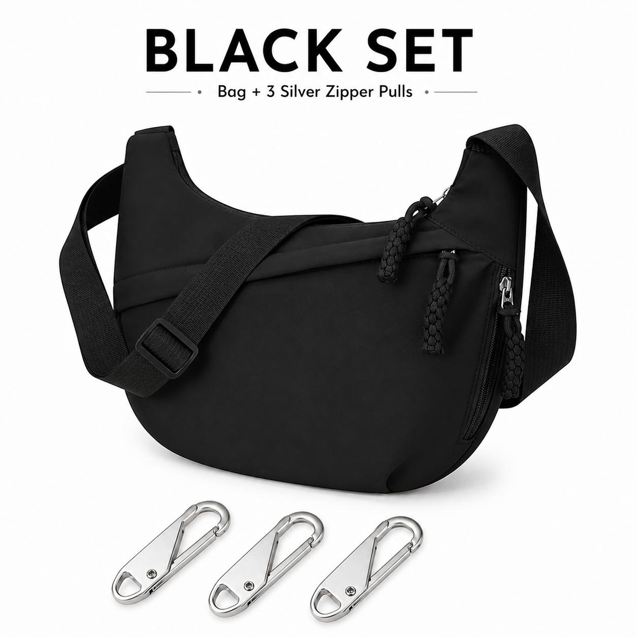 Women's Crescent-shaped Crossbody Bag, Dumpling-shaped Shoulder Bag, Lightweight Oxford Cloth Single-shoulder Bag With Adjustable Strap, Zippered Pocket, And 3 Detachable Metal Zipper Pulls