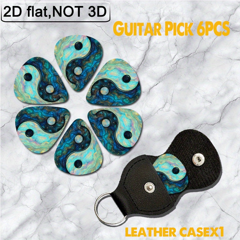 TEMU 6pcs 2d Flat Guitar Picks Set Features 6 Unique Flat Picks Showcasing A Yin-yang Shape With Flowing Blue, Green, Yellow, And Pink Colors.
