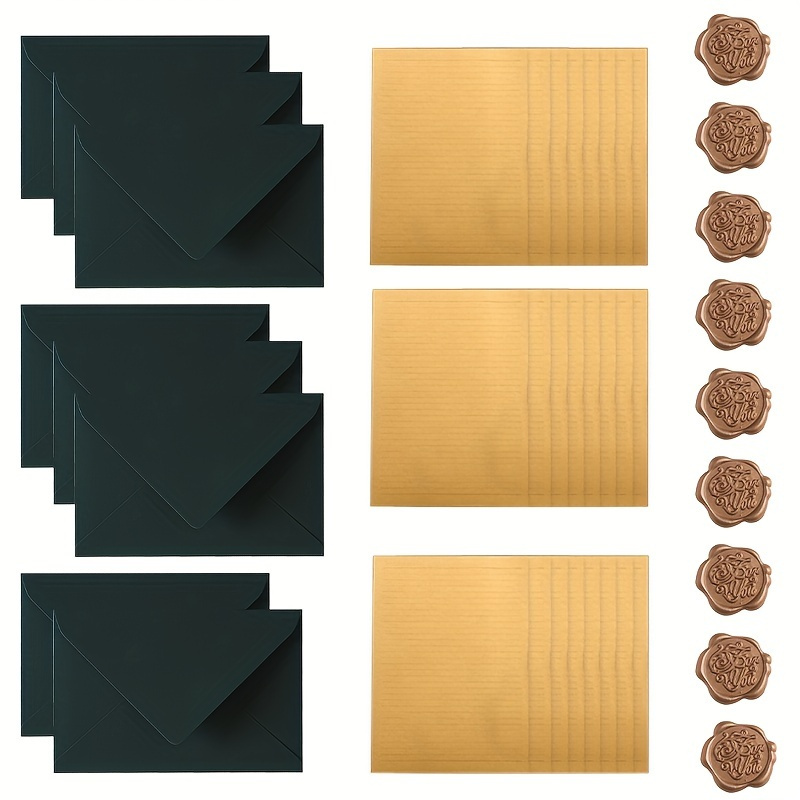 Image of Vintage Paper Set - 42pcs Vintage Dark Green Stationary Paper And Envelopes Set - Including 24 Sheets Lined Writing Papers, 9 Envelopes, 9 Wax Sealer Stickers, 5.63 X 8.27 Inch