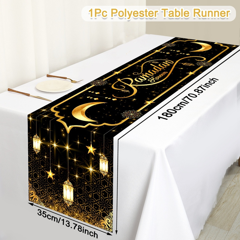 Elegant Polyester Eid Table Runner, 180*35cm Black & & Moon Lantern Pattern Table Flag, Perfect For Ramadan Kareem And Eid Al Parties