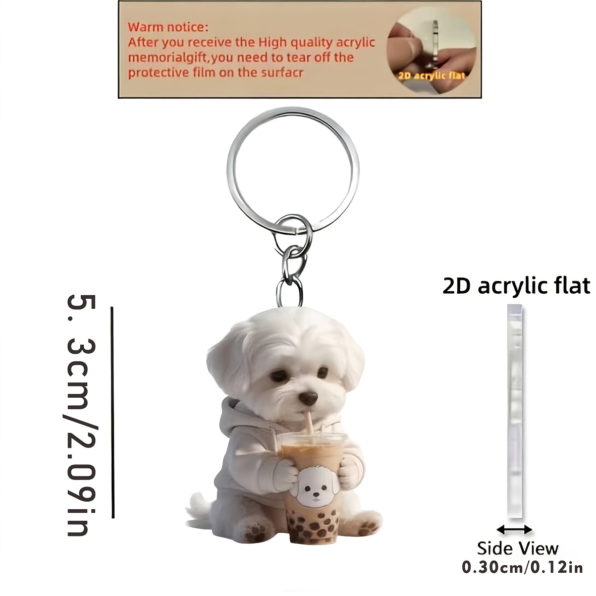TEMU 2d Flat, 1pc Cute And Adorable White Maltese Dog Holding A Milk Tea Keychain, Interesting Animal Theme 2d Flat Acrylic Design Multi-functional