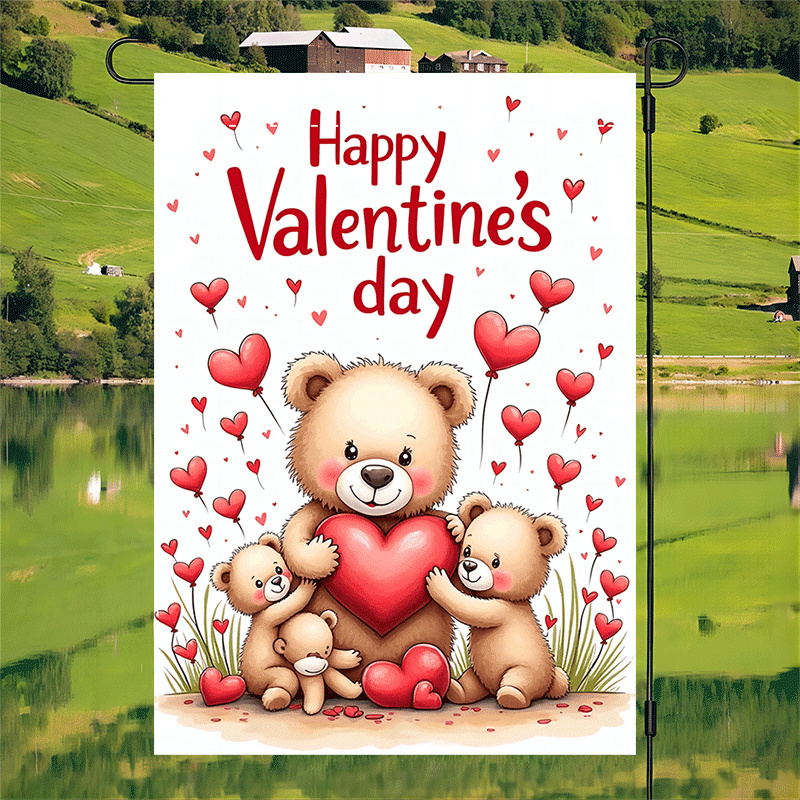 

[1pc Teddy Bear Valentine's Day Garden Flag] 1pc Valentine's Day Teddy Flag, Double-sided, Waterproof Polyester Burlap, Outdoor Lawn Decor, 12x18 Inch, With Heart Motif, For No Electricity Needed