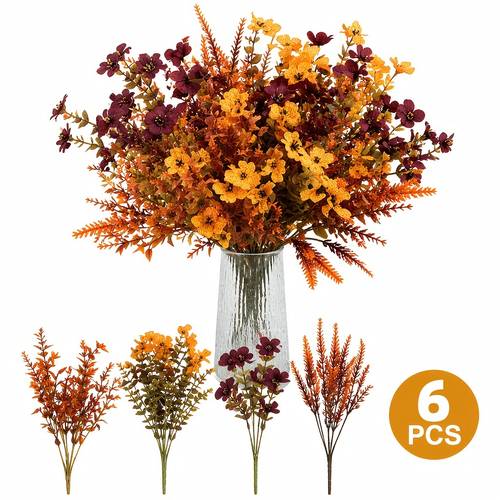 6 pack autumn artificial flowers with eucalyptus thanksgiving floral arrangement fall thanksgiving halloween porch decor artificial uv resistant plants for front door wall mantel fireplace decoration