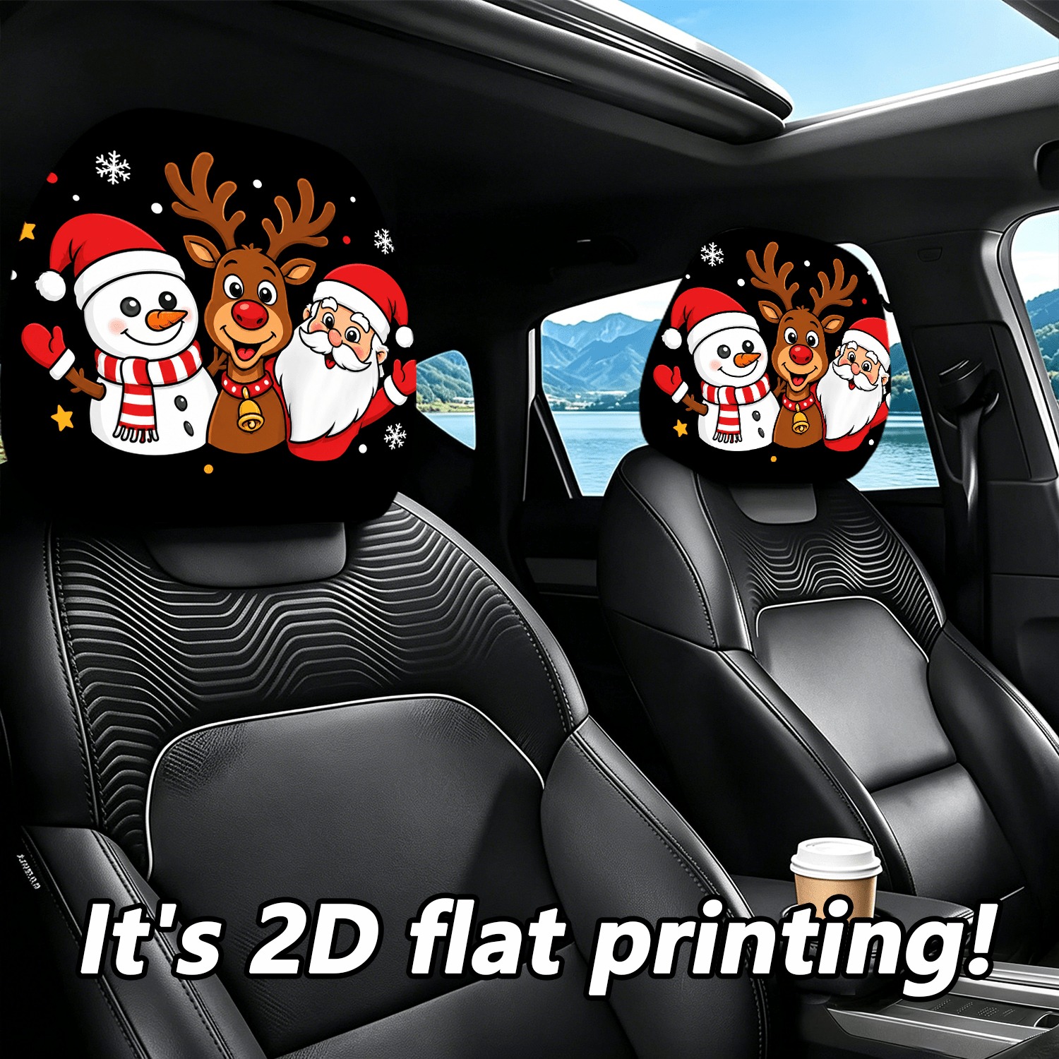 TEMU 2pcs Set Of Adorable Cartoon Santa Claus, Snowman, And Reindeer Pattern Car Headrest Covers, , 2d Flat, , And Remove, Machine Washable, Perfect