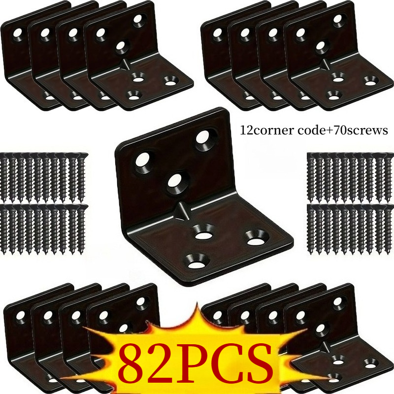 TEMU 82pcs (12pcs Corner Braces And 70pcs Screws) Heavy-duty Black Metal Angle Bracket Set, Pre-drilled And Rounded Edges, For Wooden Furniture, Bed