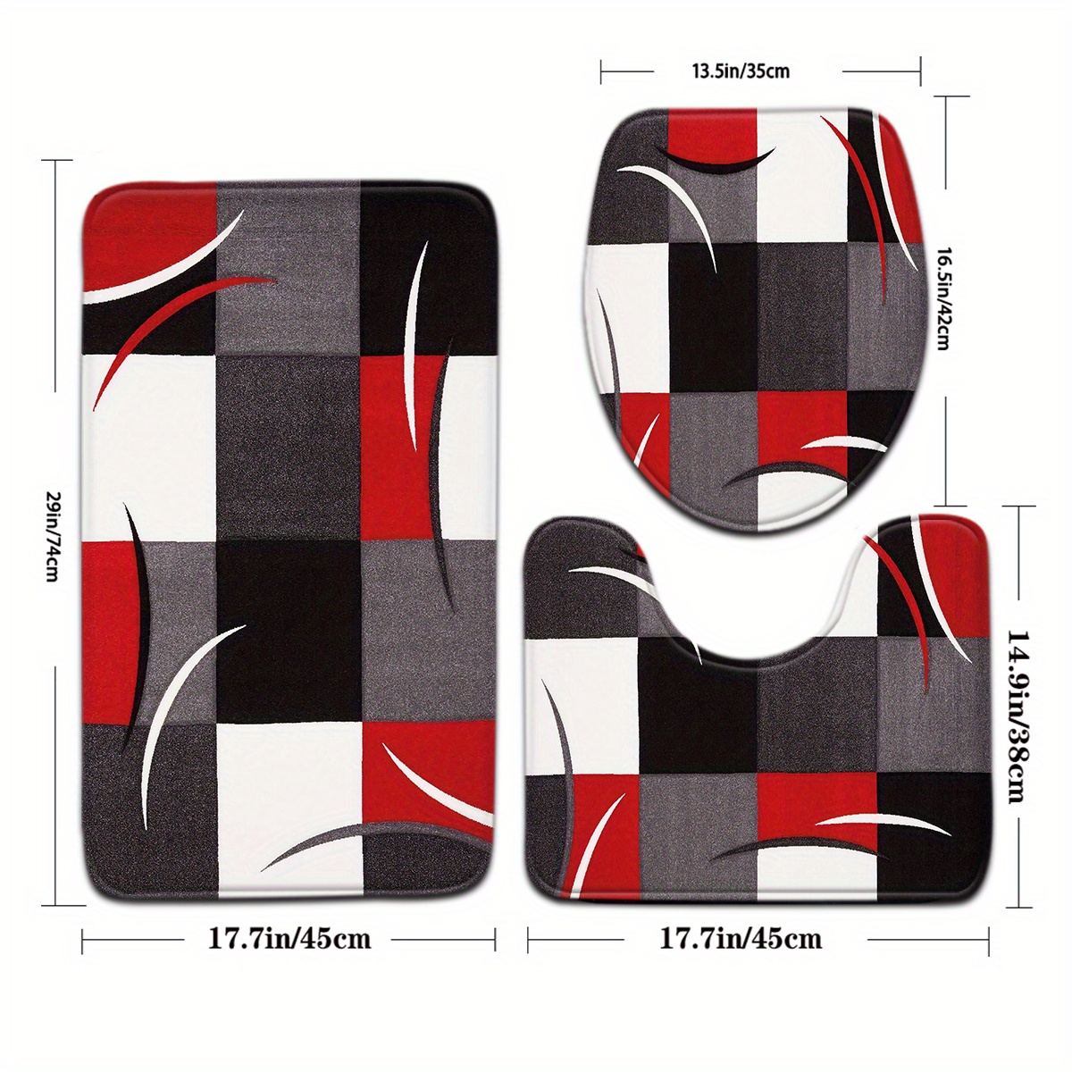 Creative Modern Series 3pcs Bathroom Mat Set With Multi-colored Square Patterns, Including Toilet Seat Cover And U-shaped Foot Mat