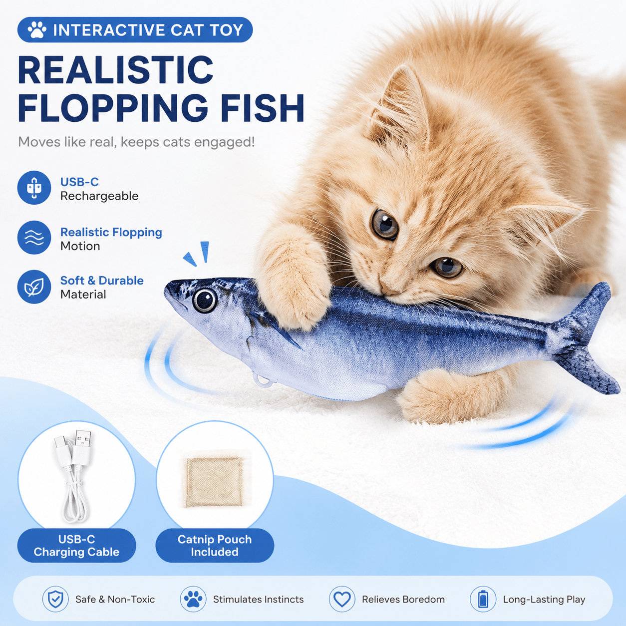 TEMU 1pc Interactive Flopping Toy, Type-c Rechargeable Realistic Moving Fish Plush Toy, Bite Resistant Cat Toy, Indoor Kitten Exercise & Boredom