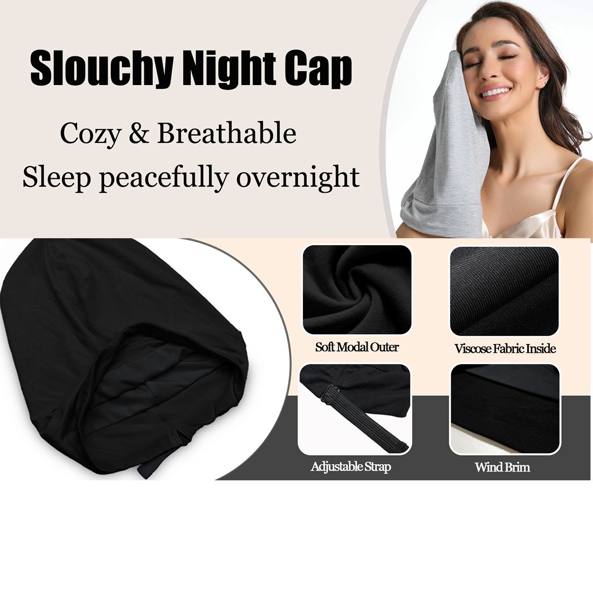 Jemis Silk Lined Silk Sleep Cap, No More Frizzy Tangled Hair, Stay On All Night Adjustable Hair Wrap for Sleeping
