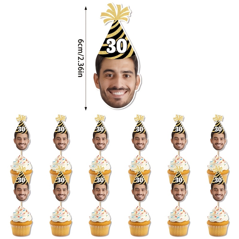 TEMU Gepersonaliseerde Verjaardagstaart Topper met Gezicht, Aangepast Gezicht/ Leeftijd, Roze/Gouden Verjaardagsmuts Gestreept Ontwerp, Geschikt voor