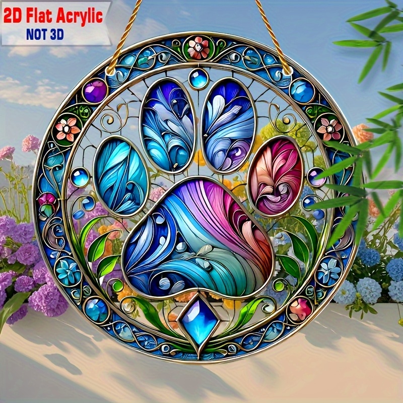 TEMU 2d Flat, 1pc Dog Paw Print Suncatcher Window Hanging - 8"x8" Round Acrylic Panel With Paws Suitable For Home Decor, Garden, Indoor/outdoor Use,