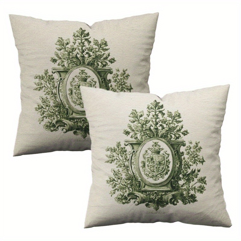 TEMU 2d 2pcs French Vintage Pillow Covers, Beige Base Green Tone Pattern, No Insert, For Sofa Living Room Bedroom Patio Decor