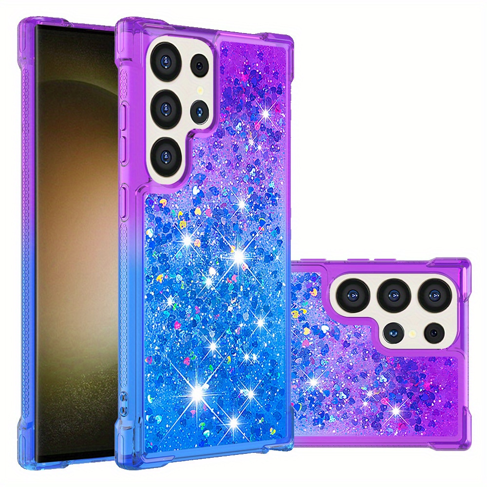TEMU Phone Case - A Gradient Purple And Blue Dual-color Sand Phone Case Featuring Rolling Heart Stars, Full Corner Protection, Compatible With Galaxy