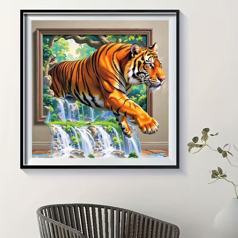 TEMU Kit de peinture diamant 5D à soi-, style paysage de avec tigre bondissant hors du cadre, artisanat d'art, cadre en bois , un cadeau adapté aux