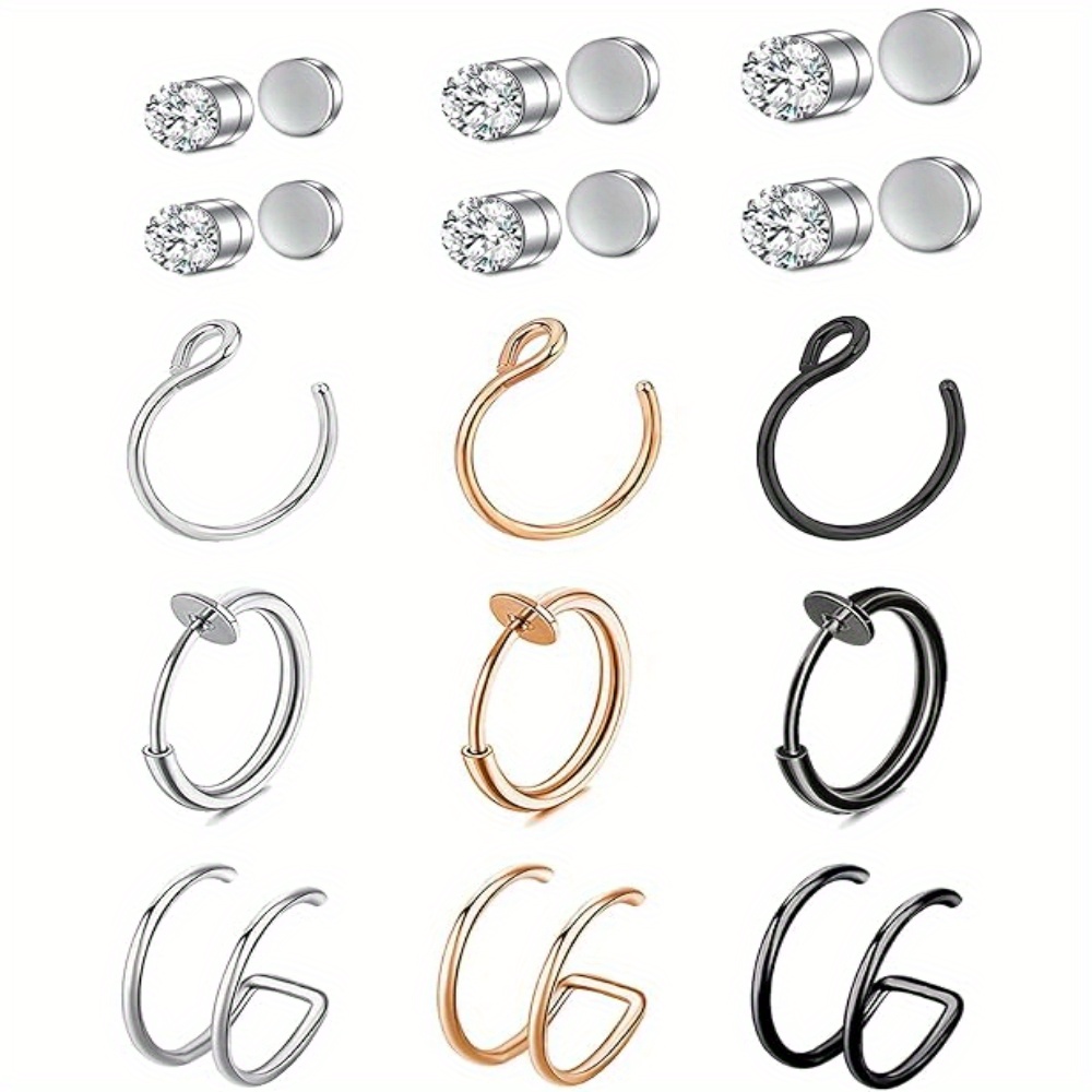TEMU 15pcs Stainless Steel Fake Nose Ring Hoop Set Women Men Hypoallergenic Fake Nose Non-pierced Jewelry Lip Nose Earrings Clip On Fashion Body