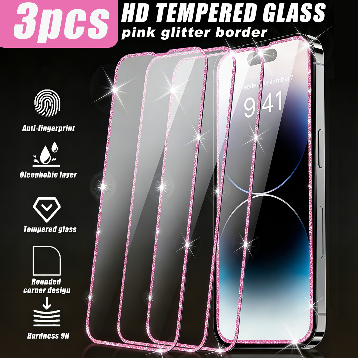 TEMU 3pcs (pink Glitter Hd) Compatible With For Iphone Sparkle Studded Frame Screen Protector, Pink Hd Anti-drop, Compatible With For Iphone