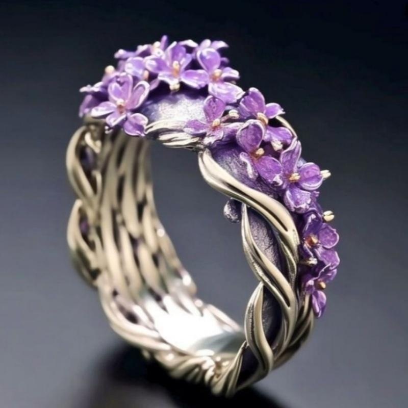 Women's Romantic Silvery Purple Lilac Flower Ring