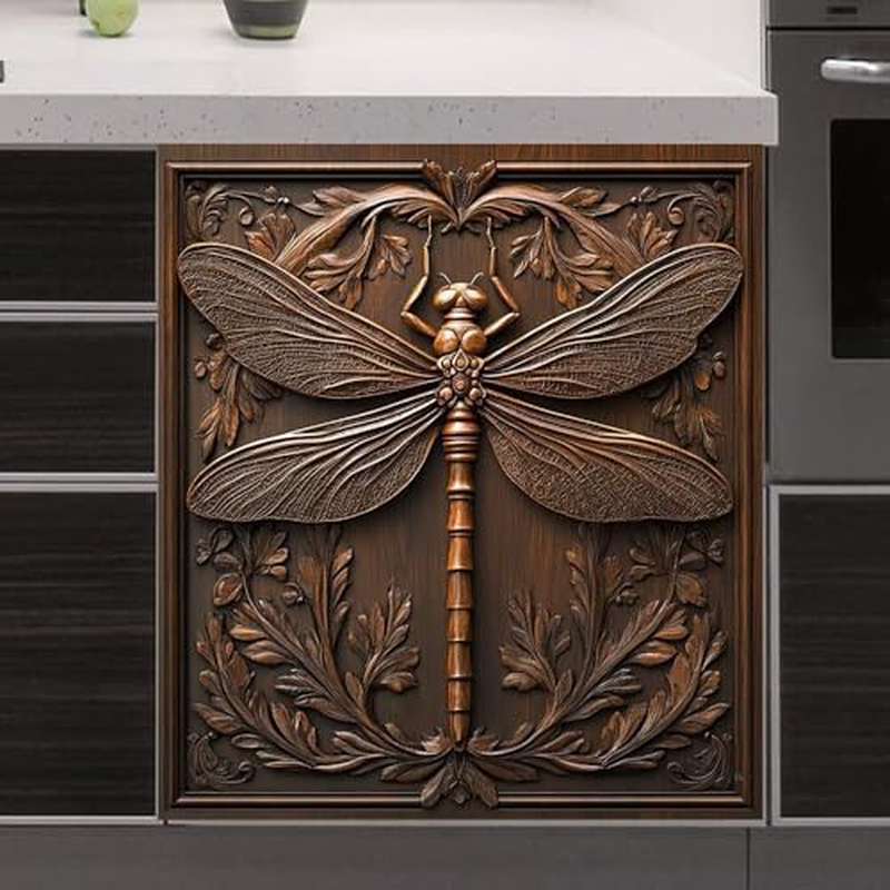 Carved Dragonfly Dishwasher Decorative Cover, Wood Grain Dragonfly Refrigerator Skin Cover, Wood Carved Pattern Dishwasher Panel Decal- 23 W X 26 H
