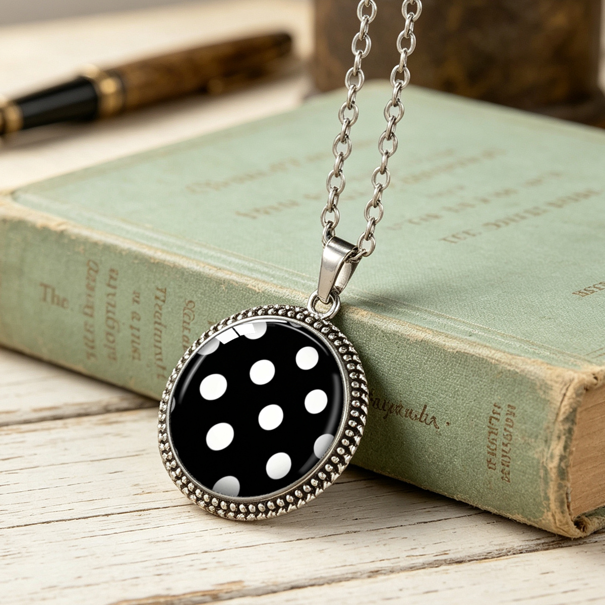 TEMU 1pc And White Polka Dot Easy Printed Round Pendant Necklace, Cool Minimalist Metal Chain For And Daily Wear