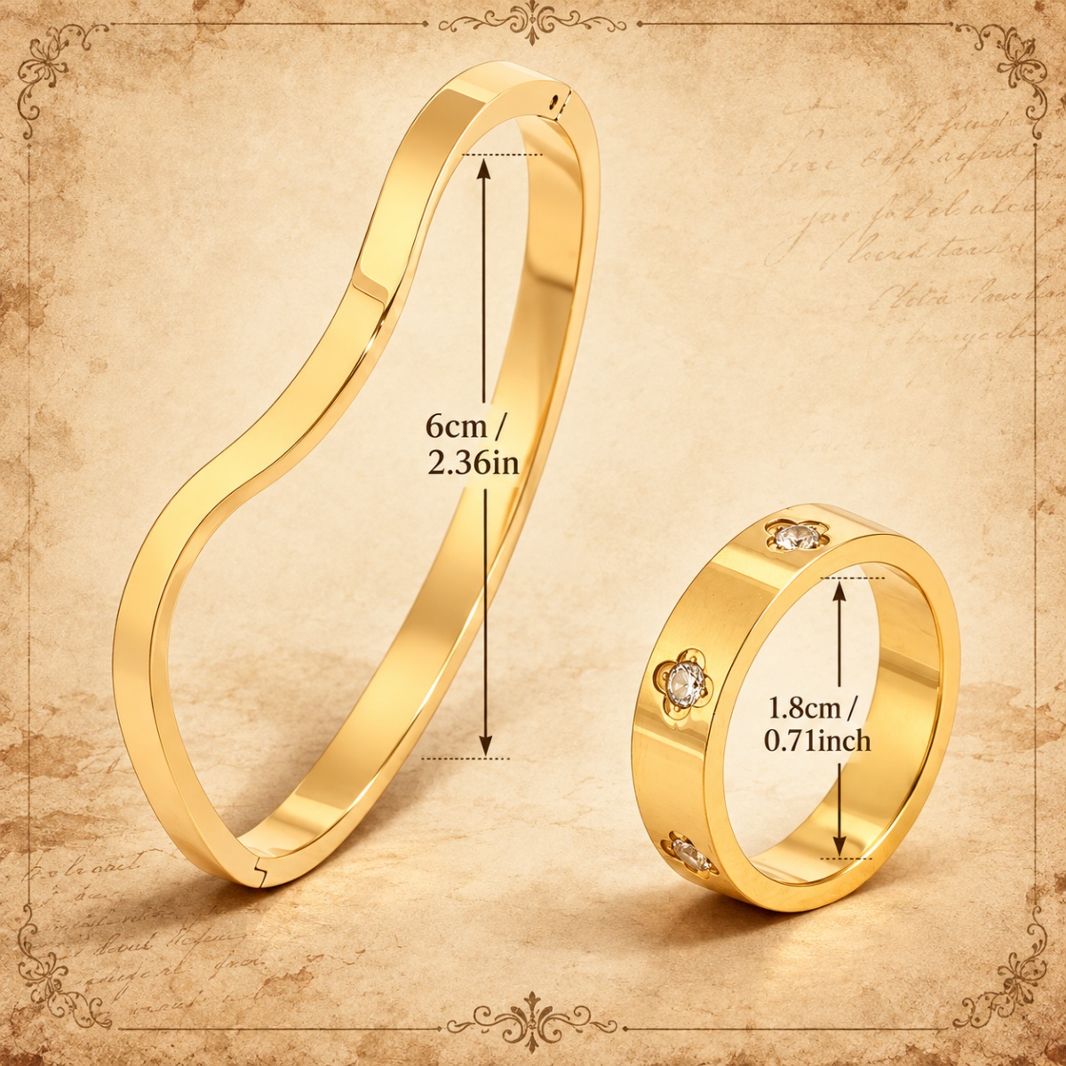 2pcs Women's Jewelry Set, Stainless Steel Wave-Patterned Bangle & Floral Ring