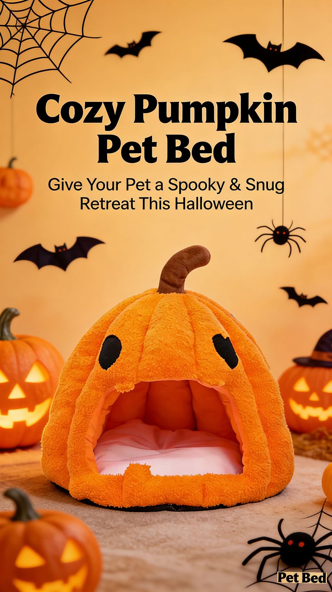 for halloween pumpkin pet nest orange plush soft fabric dome shaped enclosed pet bed with carved eyes and brown stem cozy hiding spot for small for halloween themed festive additions for indoor for halloween celebrati Product details 8