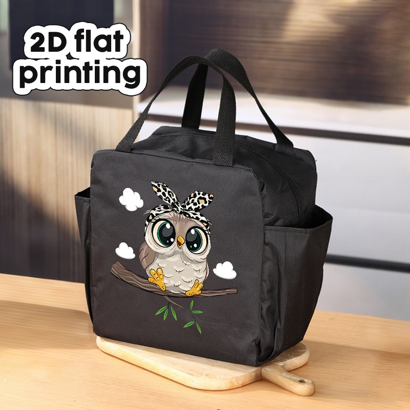 TEMU Lunch Bag— Fun Owl On Branch – Nature-inspired Art With Aluminum Foil Lining, Unisex Design Featuring Spacious Meal-prep Storage In Black/grey,