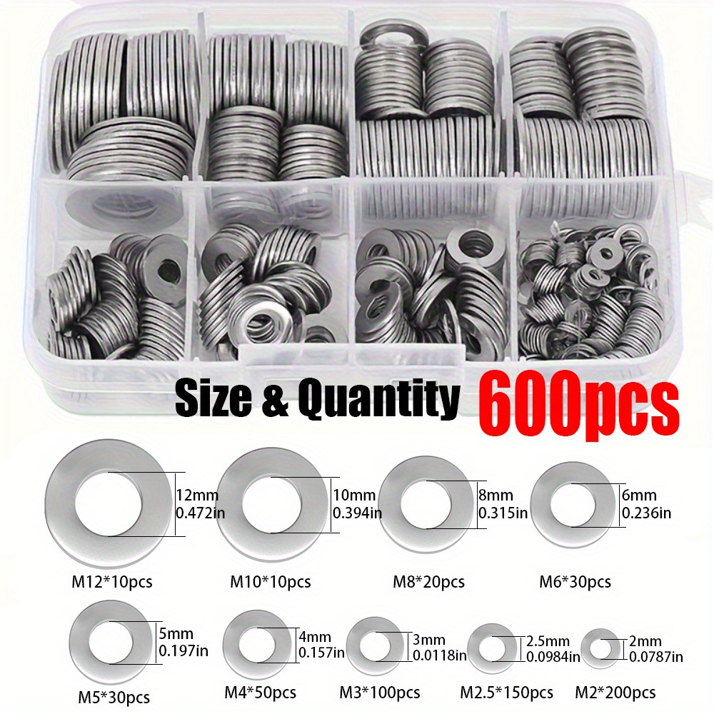 600pcs stainless steel flat washer assortment kit durable stainless steel material riser shims polished surface   sizes  12 suitable for tightening loosening and deformation prevention washers for bolts and screws