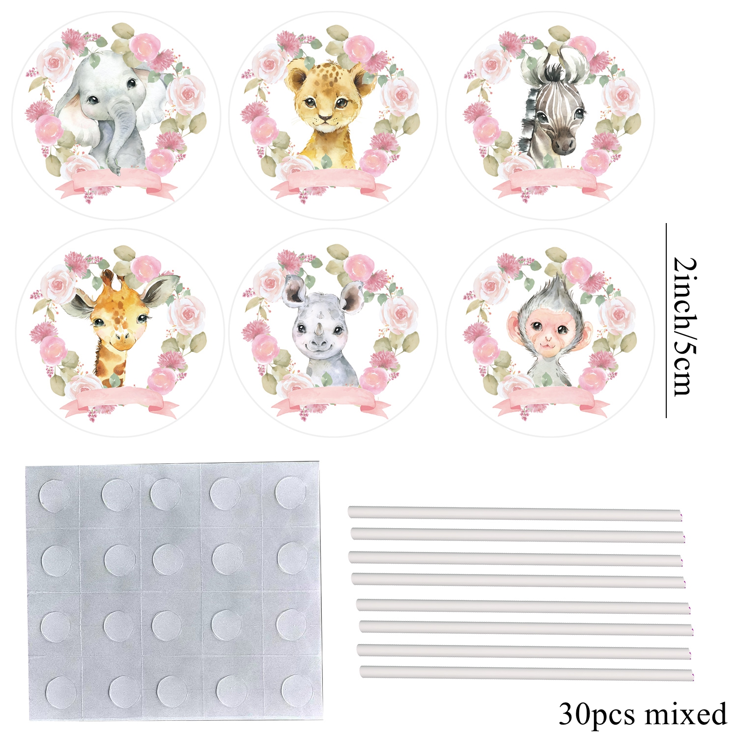TEMU Set Of 30 Cartoon Wild Animal Cupcake Toppers Featuring , Elephants, And With A Pink Wreath, Perfect For Jungle-themed Birthday Party Cake