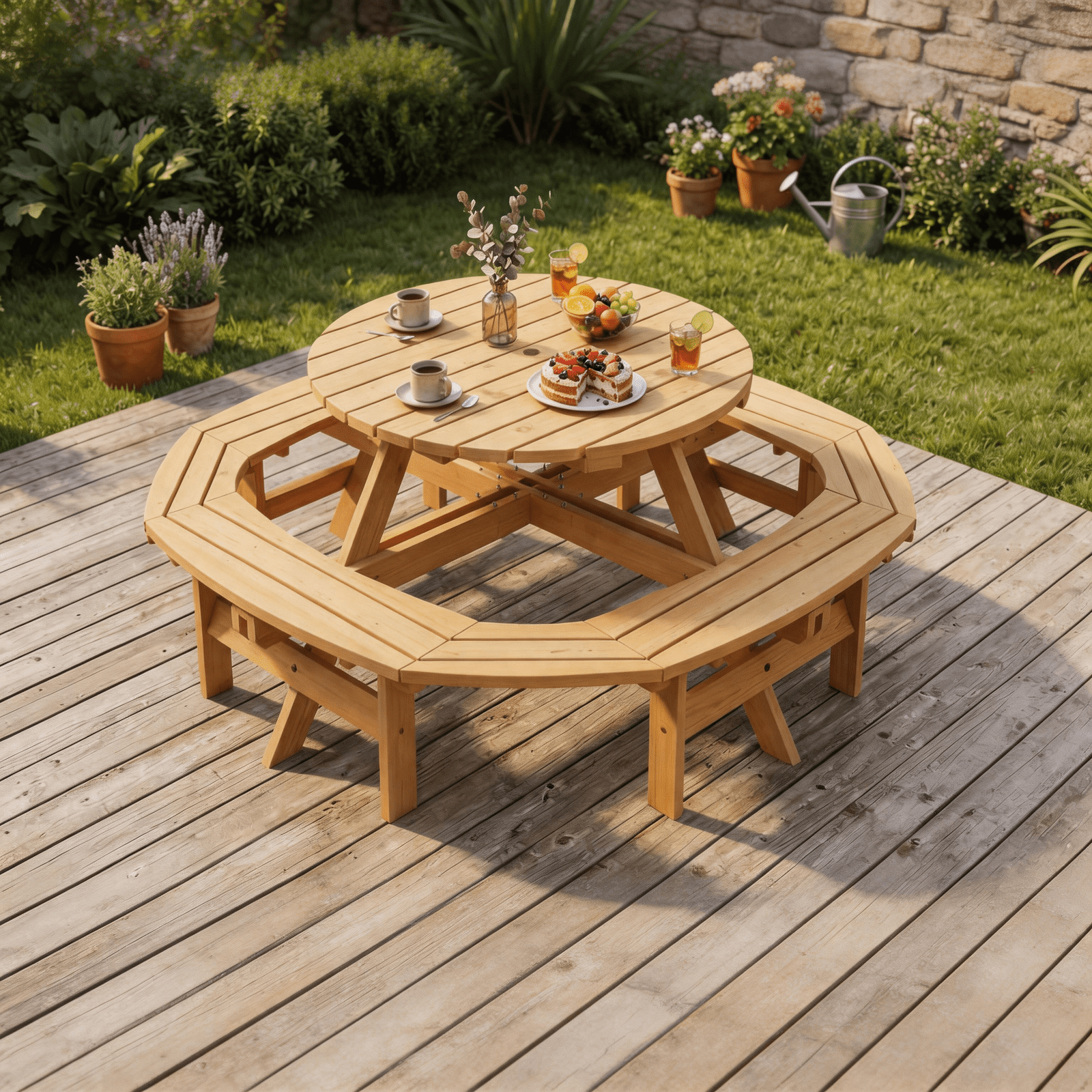 8-Person Round Wooden Picnic Table with Umbrella Hole, Wood Outdoor Dining Set with 4 Built-In Benches for Garden, Patio And Backyard