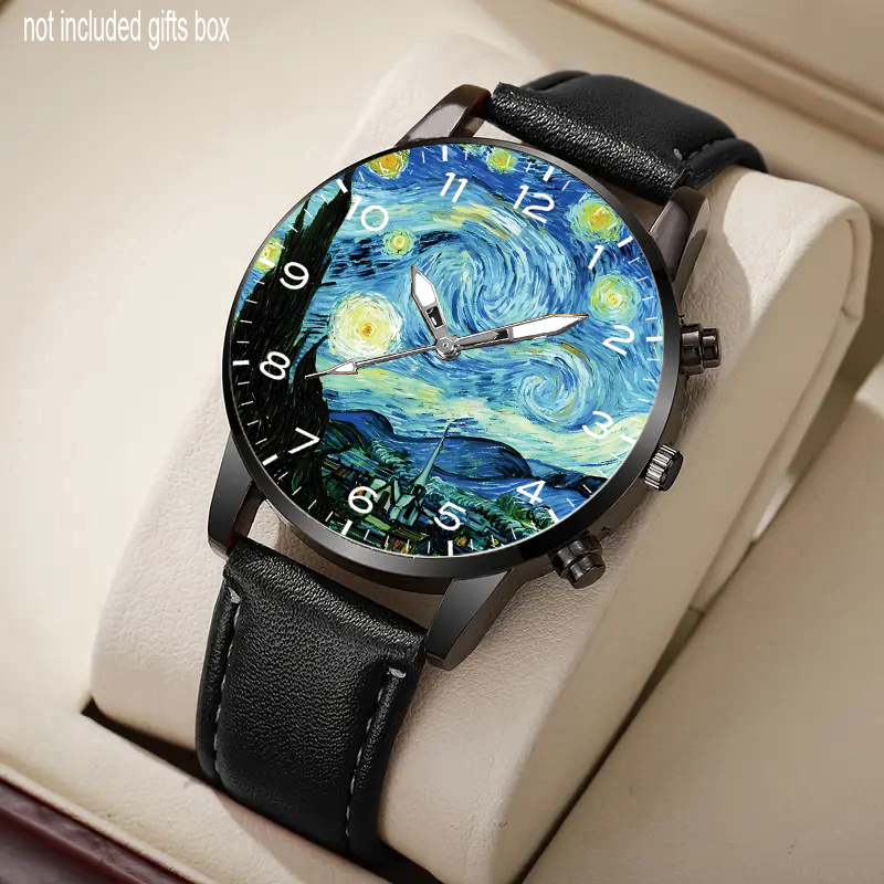 TEMU -garde Men's Van Starry , Round Alloy Case And Faux Leather Strap, Pointer Quartz Movement, Suitable For Daily Wear, Holiday Gift