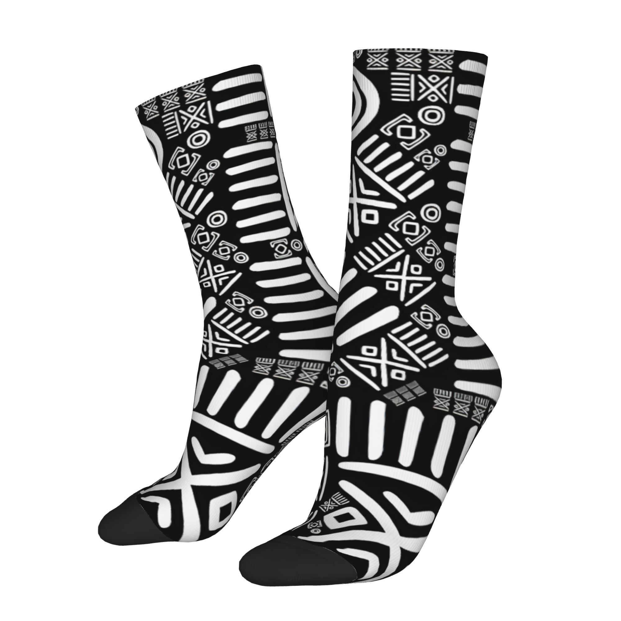 

Men's Novelty Crew Socks - Black & White, Ethnic African Pattern | Hip Hop Style | Fit For Performance