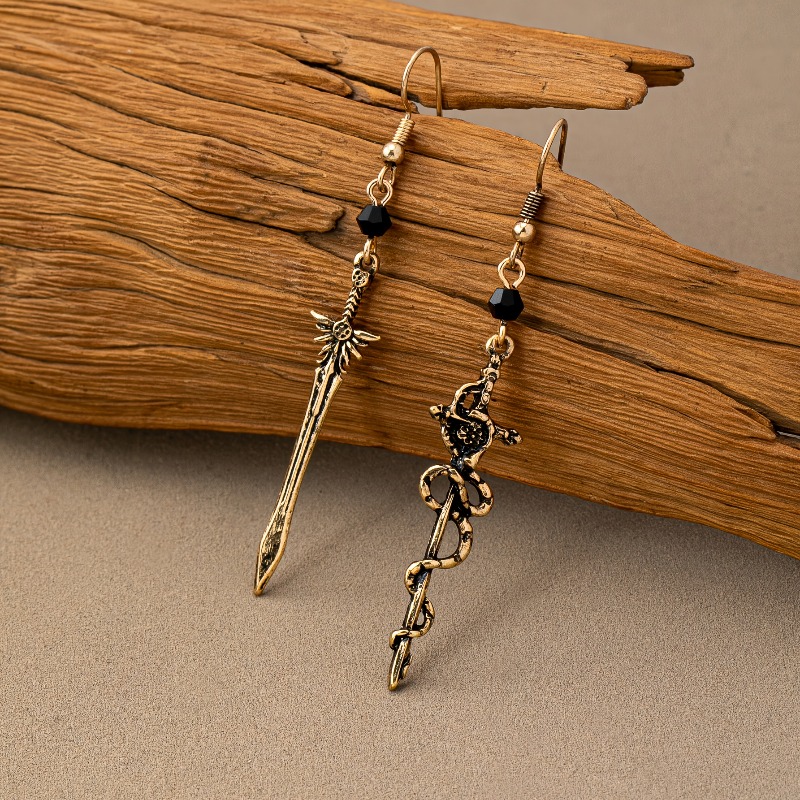 4pcs Gothic Style Serpent-Wrapped Long Sword Earrings Set