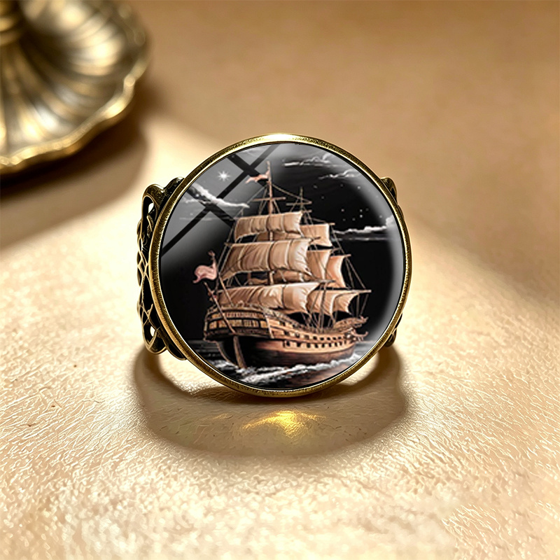 TEMU 1pc Vintage Tall Ship Night Ocean Nautical Sailing Round Glass Dome Ring Fashion Handmade Unisex Adjustable Rings Jewelry Accessory Gifts,