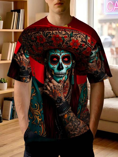 2026 new printed t shirt printed with mens themed printed t shirt mexican skull top retro ethnic style full tattoo pattern casual short sleeve street cool