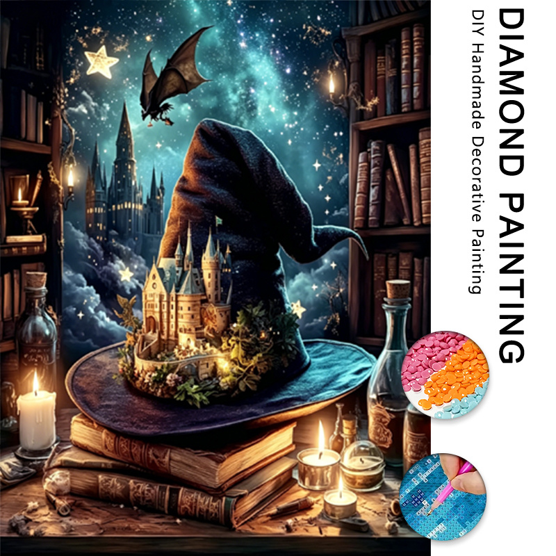 item picture 1 set magic witch hat castle diamond painting kit large size   5d diamond painting set beginner friendly round diamond mosaic craft   kit frameless wall art suitable for living room and office decor ideal holiday gift